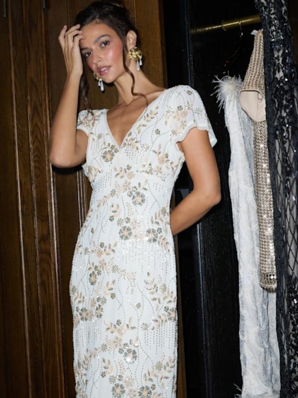 Lulus Angelila Beige Sequin Beaded Short Sleeve Midi Dress - Size S